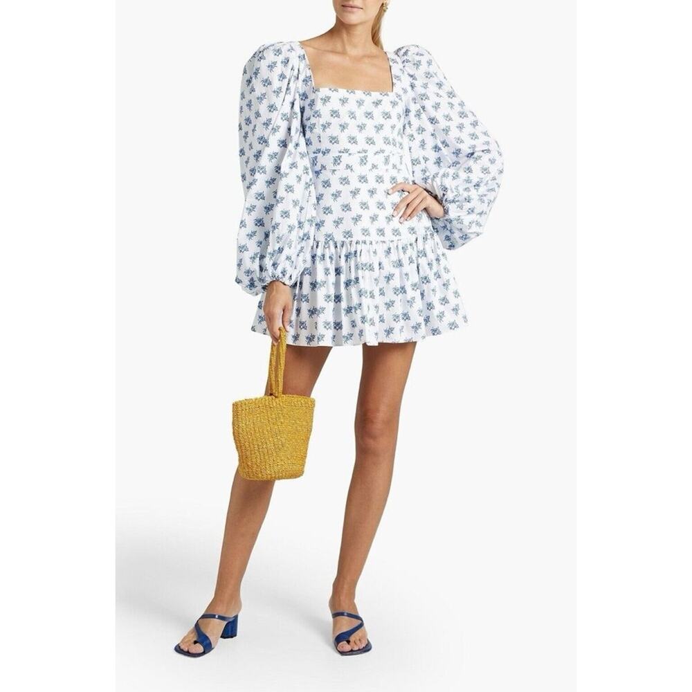 Caroline Constas Blue and White Julian Mini Dress Puffy Sleeves Women’s Size L